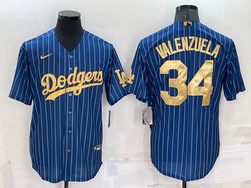 Men Los Angeles Dodgers 34 Valenzuela Blue Gold Throwback Nike 2022 MLB Jerseys